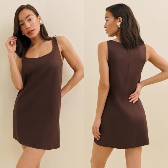 REFORMATION NWT Hamley Linen Brown Mini Dress 12 - Picture 1 of 6